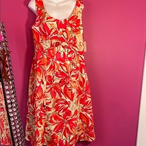 Bold floral twist front fit and flare tea length dress new